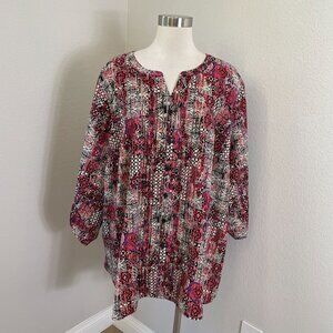 Catherines Womens Plus 3X Button Front Tunic Top Blouse Roll Tab Sleeve Shirt